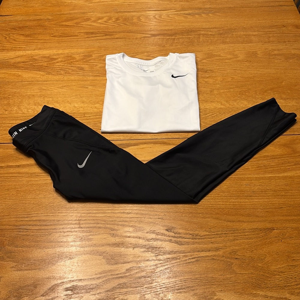 Two Nike Girls White shirts and Black Leggings Combo a short and long sleeve T. - Picture 5 of 14